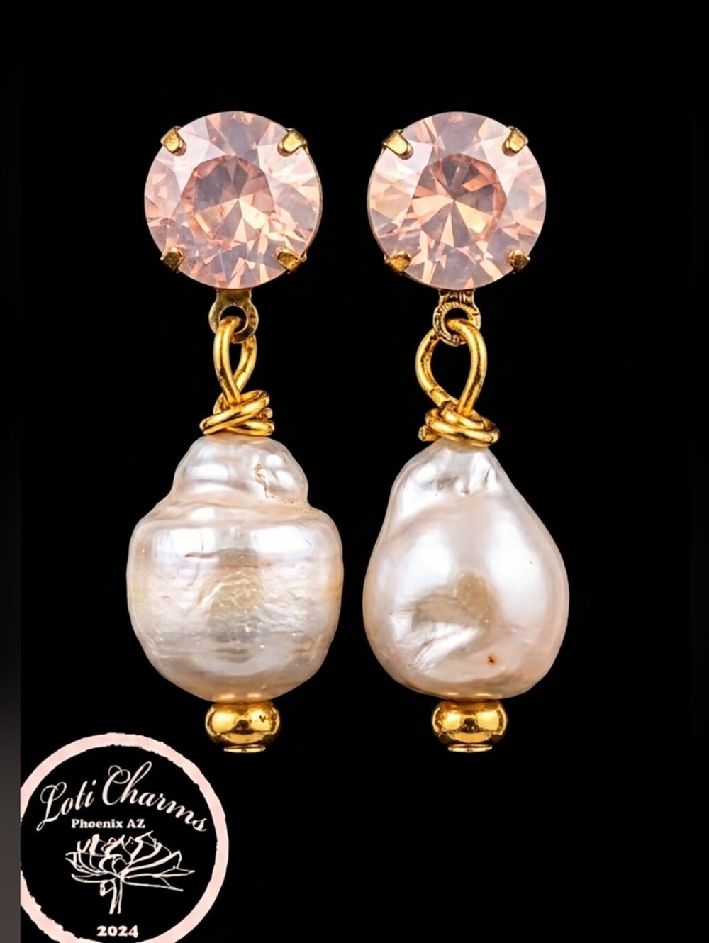 Pink Opal Rose Water Crystal & Natural Baroque Pearls Earrings In Gold Plated